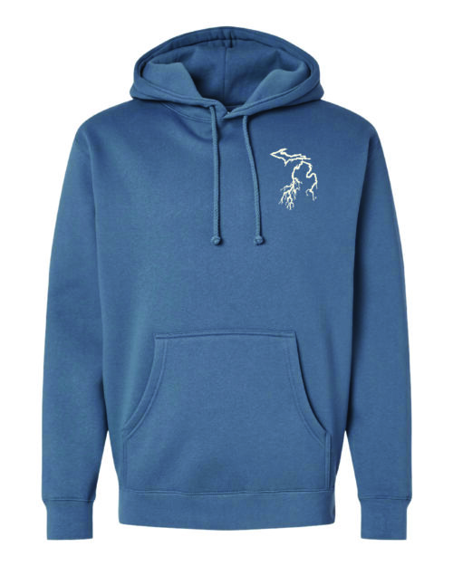 Storm blue embroidered michigan hoodie, mi apparel, mi clothes, michigan hoodie